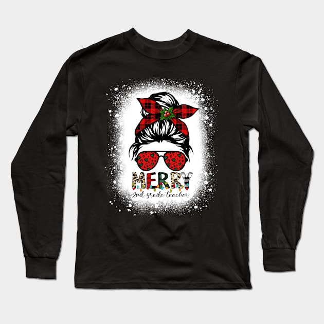 Merry 2nd Grade Teacher Messy Bun Merry Christmas Bleached Long Sleeve T-Shirt by Magazine